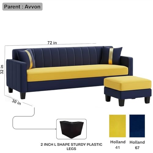 Image of FURNY Avvono 4 Seater L Shape Sofa Set with Movable Ottoman | Flexible Left or Right Layout | Plush Velvet Fabric (Dark Blue-Yellow) | Perfect for Living Room, Guest Room & Office