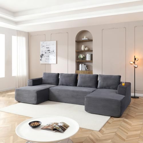 132" Modular Sectional Sleeper Sofa, Boneless Cloud Couch for Living Room, U Shaped 5 Seat Sofa with 2 Cup Holders, Free Combination, No Assembly Required (Grey)