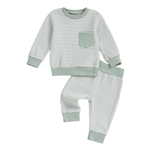Image of Baby Boy Toddler Fall Outfit Striped Sweatshirt Toddler Boy Winter Waffle Clothes 3 6 12 18 Months 2 3 T Pant Set