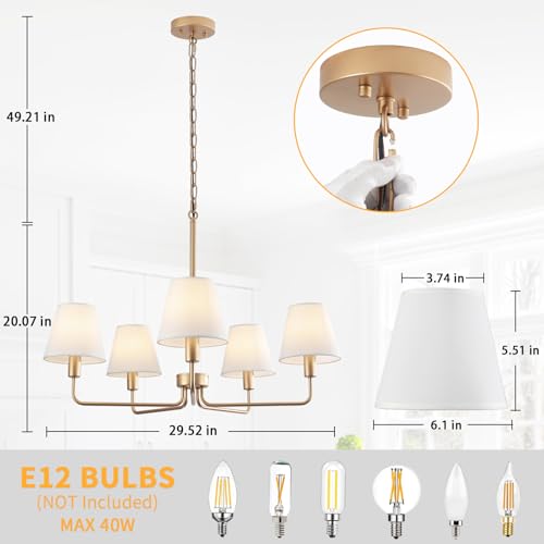 Farmhouse Chandelier, Gold Modern Dining Room Light Fixture with White Fabric Shade, 5-Light Height Adjustable Industrial Pendant Island Light Fixture for Foyer Entryway Hallway Kitchen Bedroom