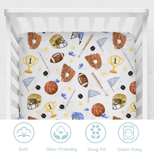 Image of Baby Sports Crib Sheet 52''x28'' American Football Baseball Basketball Stretchy Fitted Mattress Cover for Boy Girl Sports Lovers Gift Soft Sheets for Standard Toddler Mattress