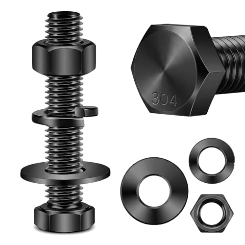 Image of Mellewell 3 /8-16 x 2-1 /2 inch Hex Head Screws Bolts, Nuts, Flat & Lock Washers, Fully Threaded, Stainless Steel 18-8, Black Finish, 4 Sets