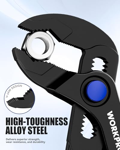 Image of WORKPRO Mini Water Pump Pliers, 4-Inch Groove Joint Pliers, Fast Adjustable Tongue and Groove Pliers with 15-Position Push-Lock, V-Jaw for Multi-Surface Grip, Ideal for Tight Spaces and Versatile Use