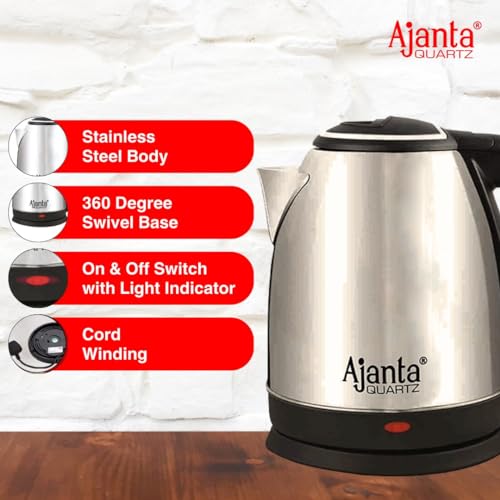 Image of Ajanta Quartz Quikhot Stovekraft Amaze Plus Electric Kettle (Upgraded Model) | 1.5 Litre Stainless Steel Body | BPA-Free | Auto Shut-Off | Ideal for Boiling Water, Tea, Coffee, Noodles & Soup (Silver)