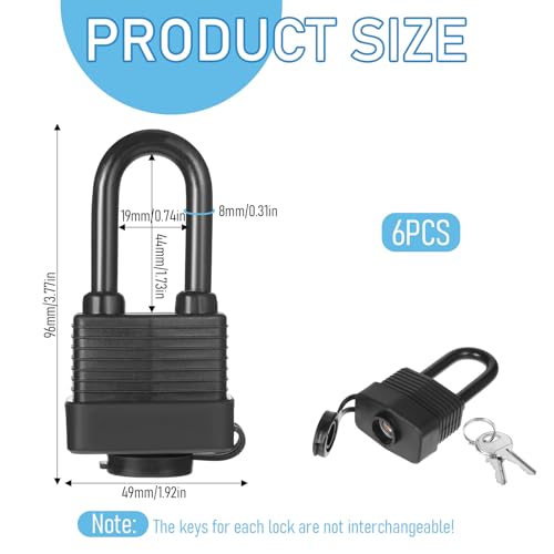 Image of 6 Set Outdoor Padlock Weatherproof, Waterproof Covered Heavy Duty Laminated Steel Lock for Gates, Fences, Storage, Weatherproof Anti-Rust Security Locks with Hardened Steel Shackle and 2 Keys - Black