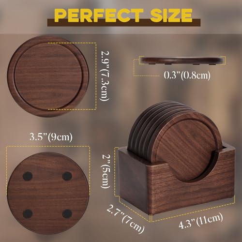 image for Wood Coasters with Holder, GOH DODD Set of 6 Walnut Wooden Coaster Tab