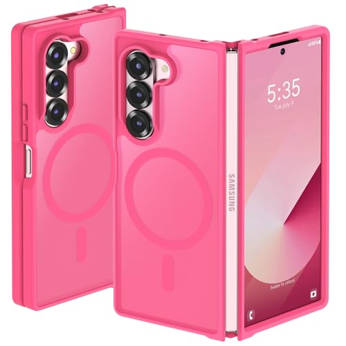 Image of ORETECH Magnetic Case Compatible with Samsung Galaxy Z Fold 6 Case, Translucent Back Non-Slip Hard PC Shockproof Bumper Protective Phone Case Cover for Samsung Z Fold 6 - Hot Pink | Translucent Back Non-Slip Hard PC Shockproof Bumper Protective Phone Cover