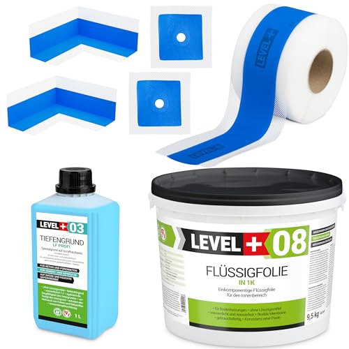 SET323 - Juego de juntas (9,5 kg, lámina líquida, 2 esquinas interiores, 2 manguitos de pared, 5 m de cinta de sellado, imprimación profunda de 1 litro)