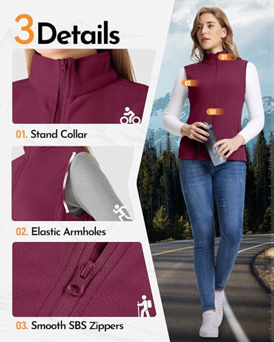 Outdoor Ventures Damen Fleece Weste Ultraleichte Polar Fleeceweste Dünne Outdoor Luafwesten für Frauen Ärmellos Jacke mit 4 Taschen Frühlings Herbst für Laufen Wandern Camping, Weinrot M