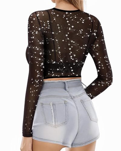 Image of MANGOPOP Women's Short Sleeve Long Sleeve Sheer Mesh Crop Tops Tee Shirt Blouse