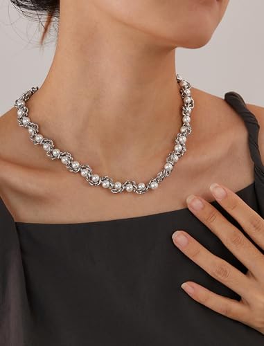 Pearl Chain Necklace for Women, Valentine's Day Mother's Day Jewelry Gifts for Her, White Silver Gold Plated Stainless Steel Link Faux Beads, Bridal Wedding Anniversary Birthday Christmas2