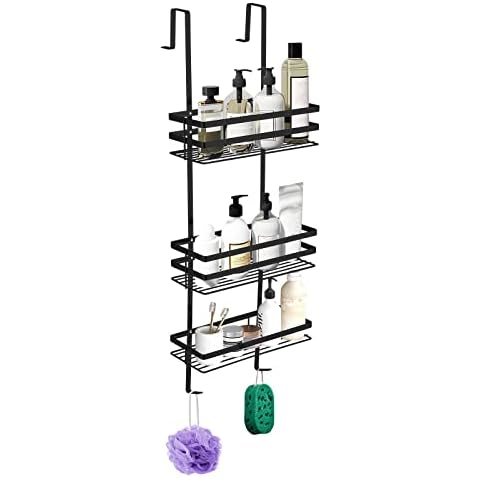 YRHome 3 Tier Shower Caddy Hanging No-Drilling Over Door Shower Basket Rust-Proof Metal Storage Racking Bathroom Organiser Shower Rack Hangable Shower Rack with 2 Towel Hooks 70 x 30 x 12 cm Black Cover