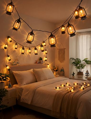 Image of 12FT Black Mini Kerosene String Lights, 20 LED Vintage Lantern Fairy Lights, Connectable Outdoor Decorative Lights for Patio Bedroom Camping Wedding Garden Christmas Party Decor