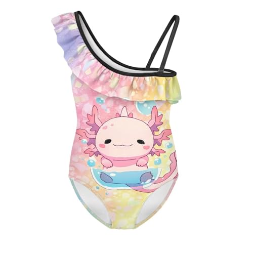 Girls One Piece Swimsuits One Shoulder Ruffle Swim Suits with Adjustable Strap Axolotl Print Summer Bathing Suits
