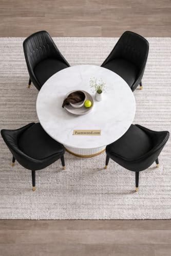 Image of 4 Seater Dining Table Set with 4 Chairs,2yr Warranty - Round Marble Dining Table (91x91x76 cm) - White Marble Top, Solid Wooden Base, Upholstered Chairs with Sheesham Wood Legs - Black