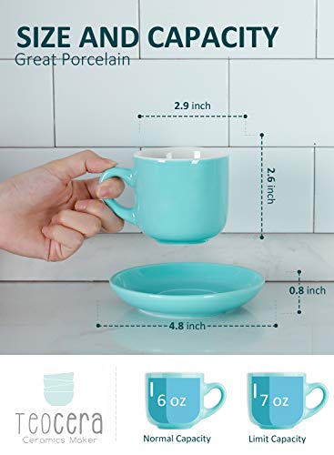 Teocera Porcelain Cappuccino Cups with Saucers - 6 Ounce for Coffee Drinks, Latte, Cafe Mocha and Tea - Set of 6, Turquoise - Thumbnail 6