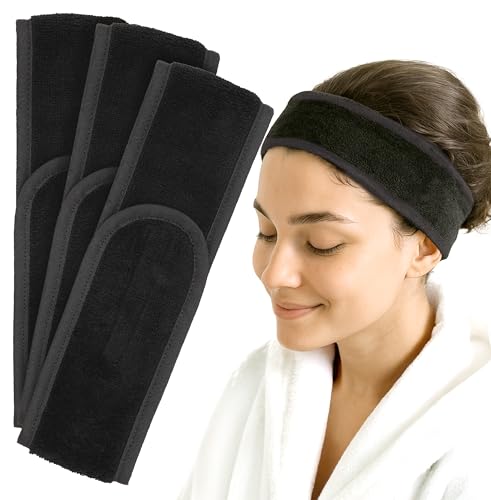Diadema ajustable de toalla para maquillaje y cuidado facial – Banda suave con cierre de gancho – Ideal para spa, yoga, deporte – Lavable y transpirable | Negro, 3x cintas