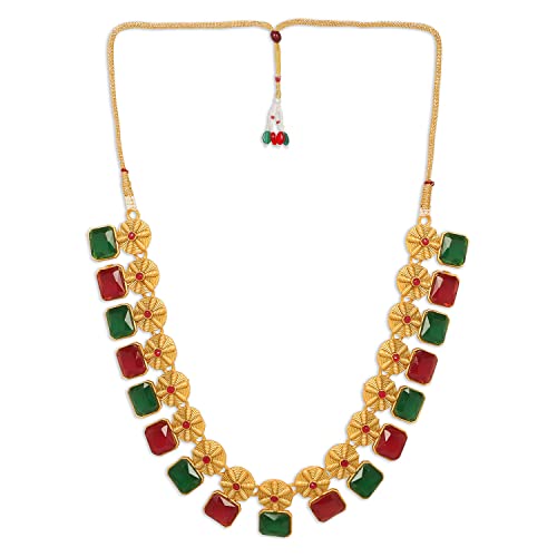 Plated Traditional Ruby & Green Stone Studded Necklace Set
