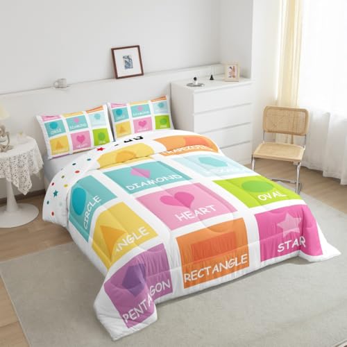 Image of Feelyou Kids Shapes Bedding Set Full Size, Educational Comforter Set Boys Girls Preschool Duvet Insert Learning Teens Bedroom Decor with 2 Pillow Case
