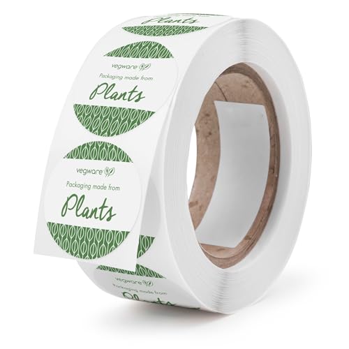 Vegware Compostable Food to Go Stickers, 1000-1.7" Round Labels, Plants Not Plastic, for Closing Food Bags, Paper with a Compostable Adhesive