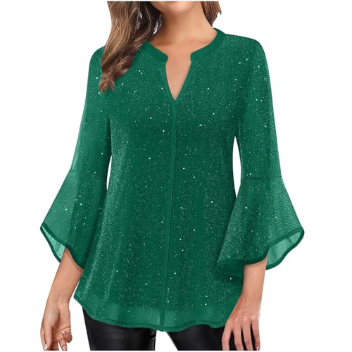 Blusa elegante para mujer, manga 3/4, manga con volantes, parte superior de malla, patchwork, fiesta, túnica, cuello de pico, jersey festivo, doble capa, ligera, transpirable, verde, XXL