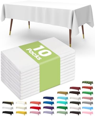 Pureegg Plastic Table Cloth 10 Pack, 54 x 108 Inch Disposable Table Cloths for Party, Picnic and Wedding, Rectangle, White