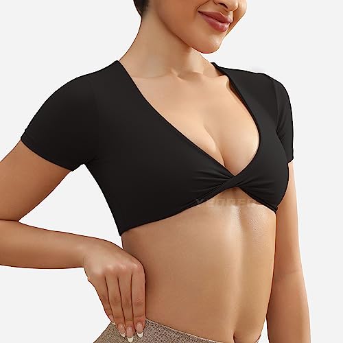 YEOREO Kyla Workout Crop Tops for Women Short Sleeve Twist Front Crop Tank Top Padded Sports Bra Casual Shirts4