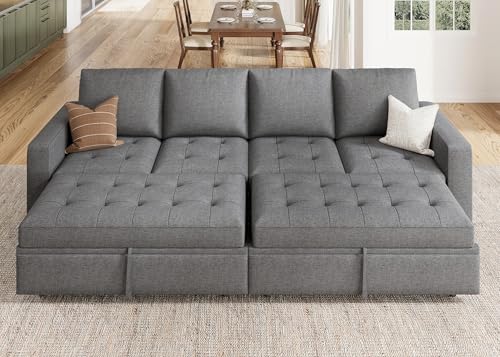 Image of HONBAY Modular Sectional Sleeper Sofa with Pull Out Bed, Linen Convertible Sectional Couches for Living Room,Grey