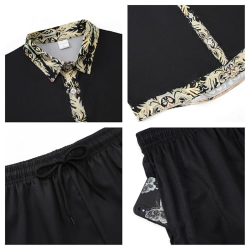 Men's 2-Piece Satin Short Set, Hawaiian Style Shirt and Shorts with Gold Trim, Black3
