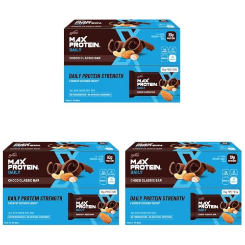 Image of RiteBite Max Protein Daily Choco Classic Protein Bars with 10g Protein, 4g Fiber & 21 Vit. & Minerals | No Cholesterol & Trans Fat For Upto 2h of Energy, Healthy Snack, 50g (Pack of 72)