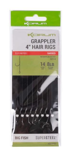 Korm Grappler Hair Rigs Qty 8 (4, 14 Barbed)