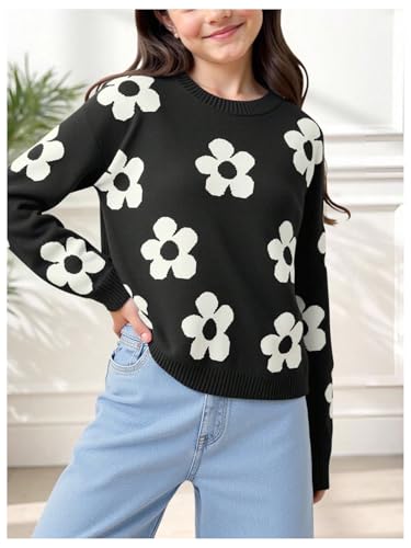 Image of BEAUDRM Girl's Cute Bow Sweater Crew Neck Long Sleeve Drop Shoulder Loose Pullover Tops
