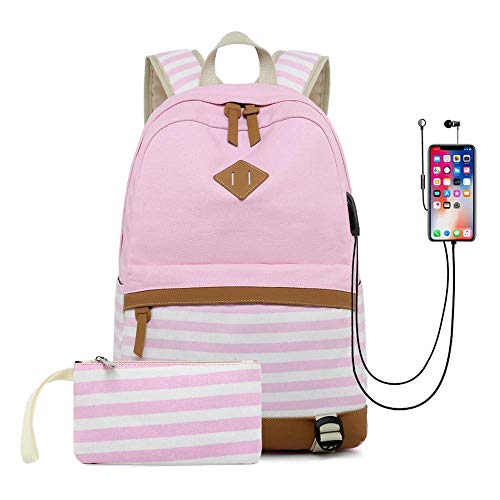 Damesrugzak 15,6 inch jongeren meisjes schoolrugzak tieners meisjes casual canvas laptop daypacks USB oplaadpoort hoofdtelefoon poort, roze - 1 (roze) - HFY-BB-041
