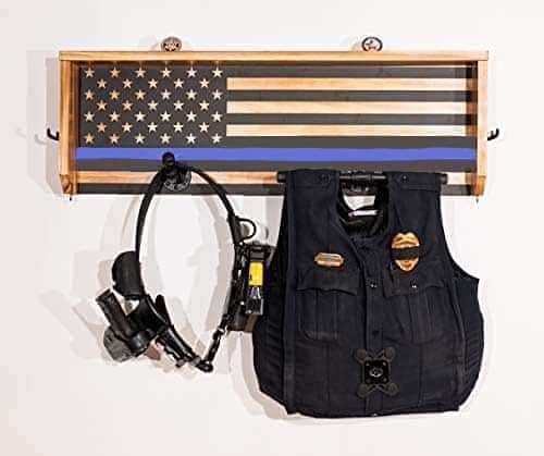StandNtall Wall Mounted Tactical Duty Gear Rack with Thin Blue Line – First Responder Storage Shelf & Police Organizer- Law Enforcement Gift Decor- Decor Challenge Coin Holder, (1)