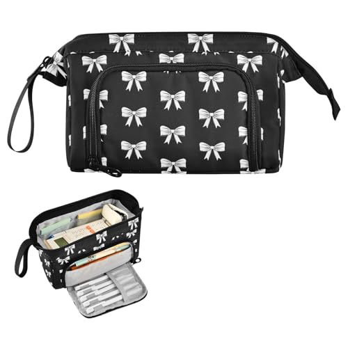 Image of Ribbon Bow Black Pencil Case Pouch Big Capacity Pencil Bag Box Organizer Pen Case with Zipper Pencil Boxes for Girls Boys Women School College Office