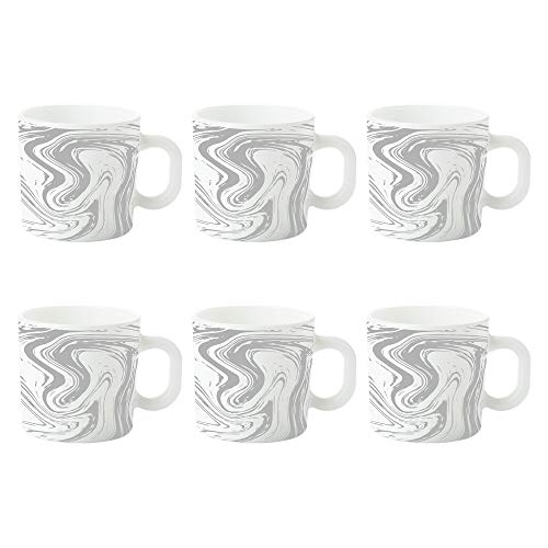 Larah by Borosil Marble Opalware Mug Set - 6 Pieces, White, 180 ml