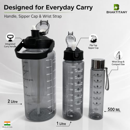 Image of Water Bottle Set of 3 with Sipper & Straw, Black