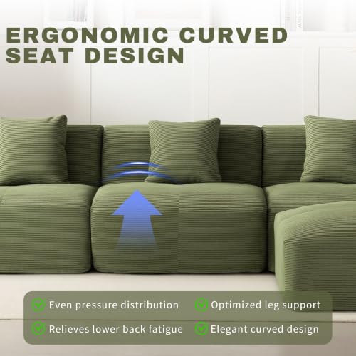 Image of 107 inch Cloud Modular Sectional Couch,Boneless Sofa with Ottman,L-Shape Upholstered Sofas with Deep Seat,Modern Cozy Corduroy Couches with Memory Foam,No Assembly Required for Living Room(Green)