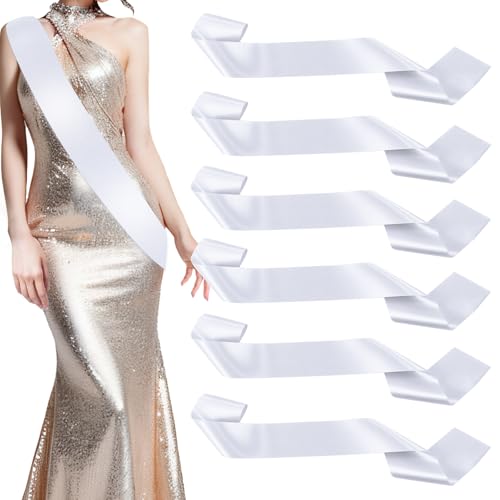 vveiiye 6 Pcs White Satin Sash Blank White Sash Bride to Be Sash Prom Sash Pageant Sash Custom Sash Senior Sash Plain Sash for Birthday, Wedding, Graduation, Beauty Pageant, Party, Homecoming, DIY