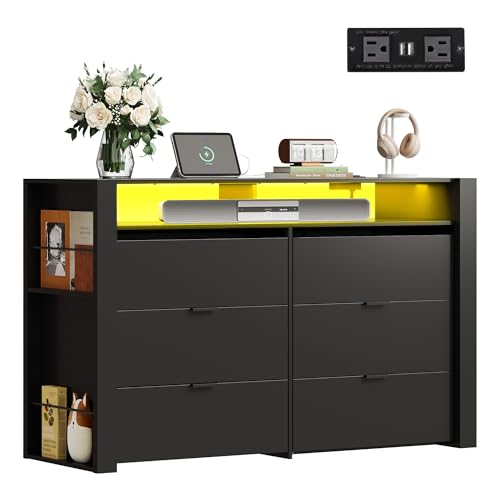 Image of WLIVE 6 Drawer Led Dresser for Bedroom, 51 inch Black Wood Dresser Storage Organizer with Charging Station for 55 inch TV, Dressers with Open Shelves, Hanging Rack, Chest of Drawers for Closet, Living Room