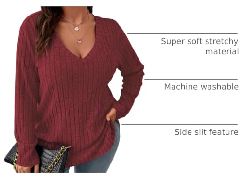 Image of Koscacy Women Plus Size Casual Knit Sweater V Neck Solid Color Tops Lightweight Long Sleeve Blouses