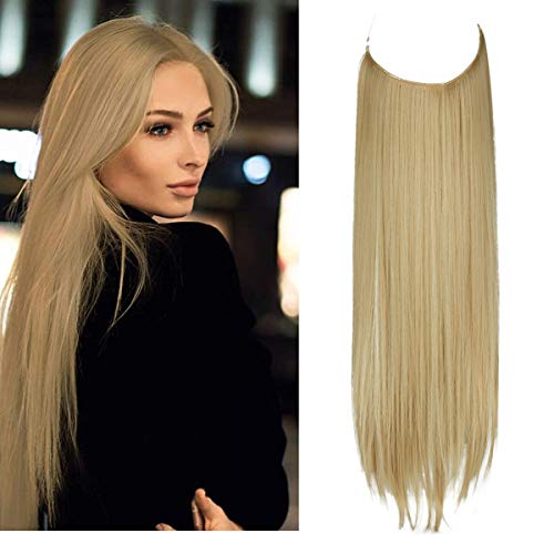 Halo Hair Extensions with Invisible Transparent Wire Adjustable Size Removable No Clip straight Hidden Wire Secret Hairpiece for Women 22 Inch 24H613 Ash Blonde Mix Bleach Blonde
