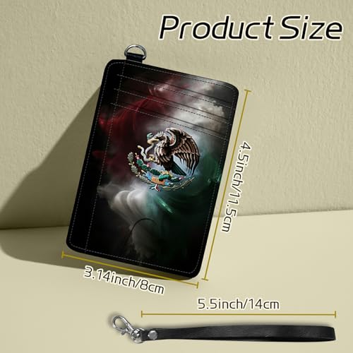 Image of Small Travel Wallets, Mexico Flag Slim Minimalist Front Pocket Wallet with Wristlet, RFID Blocking PU Leather Credit Card Holder with ID Window Change Purse for Men Women