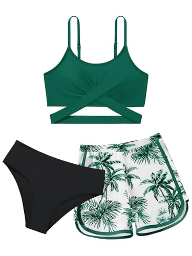 Image of Girl's 3 Piece Bikini Set Cross Strap Swimsuits for Girls Bathing Suit with Shorts Teen Swimwear Swimming Suit