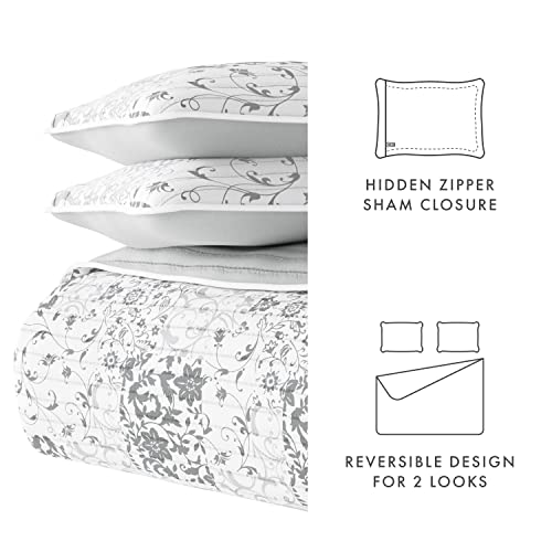 Merit Linens Gray 3-Piece King/Cali King Quilt Comforter With 2 Shams | Lightweight, All-Season, Paisley Stitched Bedspreads | Modern Coverlet Sets - Scrolled Patchwork/Light Gray #TOP6