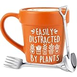 14oz Large Plant Pot Mug With Shovel Spoon & Fork Easily Distracted By Plants Funny Coffee Mug - Handmade Plant Lover Gifts for Women, Christmas gift for Grandma Mom Birthday gifts for Gardener Cup