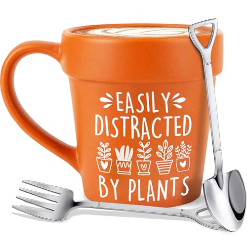 14oz Large Plant Mug With Shovel Spoon & Fork Easily Distracted By Plants Flower Pot Coffee Mug Gardening Mug - Handmade Plant Lover Gifts Idea for Women Grandma Mom Mothers Day Christmas