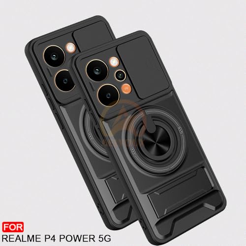 Image of Realme P4 Power 5G Back Cover | Armor Camera Slider 360 Degree Rotating Finger Ring Holder Case with Bracket Stand Back Case Cover (Compatible with MagSafe Accessories) (Black)