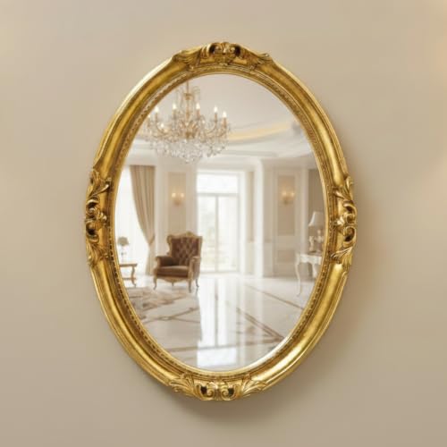 MO.WA Specchio da Parete Ovale, Specchi classici stile barocco foglia oro 63x83, Made in Italy, Specchiera oro antico muro cornice legno, Specchiere camera da letto, bagno, ingresso