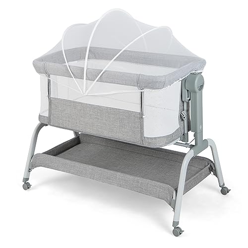 RELAX4LIFE 3 en 1 Cuna de bebé lado a la cama, cuna de camping con colchón, correa de fijación y mosquitera, altura ajustable 6 posiciones, bolsa de transporte, para niños 0 6 meses (gris)
